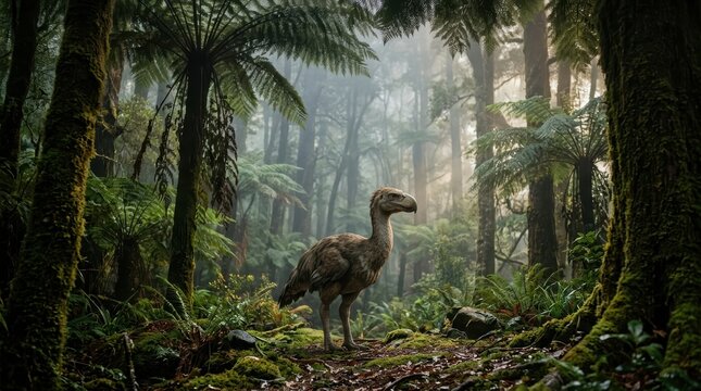 Majestic prehistoric bird standing in a misty ancient fern forest with sun rays, faith and spirituality photography, copyspace.