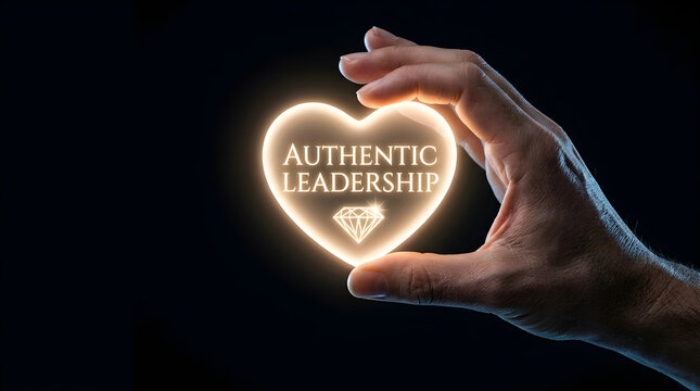 Human hand holding glowing heart symbol representing authentic leadership