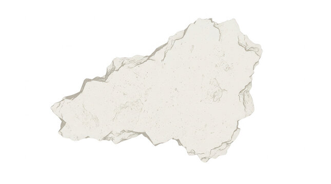 Ein einzelnes, unregelm&auml;&szlig;ig geformtes St&uuml;ck wei&szlig;er Stein oder Felsbrocken mit rauer Textur, isoliert auf einem rein wei&szlig;en Hintergrund f&uuml;r Designprojekte.