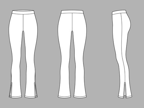 High Slit Flared Leggings Fashion Flat Sketch Vector Illustration Template Front Back and Side View. Women's Split Hem Yoga Pants Mock Up for Apparel Technical CAD.