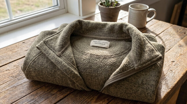 Recycled Fleece Jacket on Wooden Table for Sustainable Fashion Blogs, the Concept of Circular Economy Clothing, Ethical Fashion Websites, and Cozy Lifestyle Content