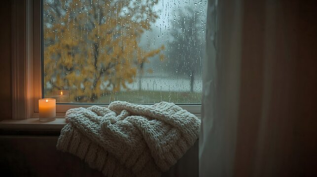 Cozy Autumn Window with Knit Blanket and Candlelight