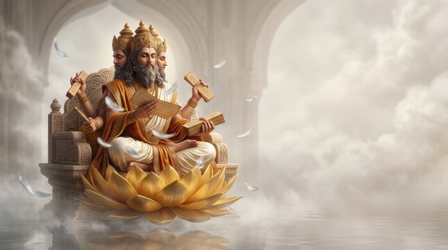 Lord Brahma the Creator God in Hindu Mythology, Conceptual Storytelling Narrative Scene with Golden Lotus and Ancient Scriptures in Ethereal Clouds