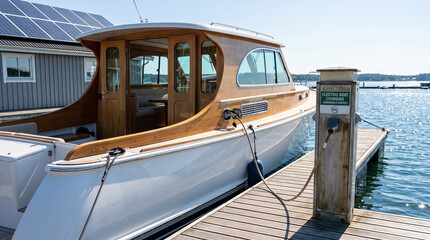 Obraz premium Electric Boat at Charging Dock with Solar Panels for Sustainable Travel Blogs, Eco-Friendly Websites, the Concept of Marine Electrification, Green Technology Articles, and Maritime Tourism