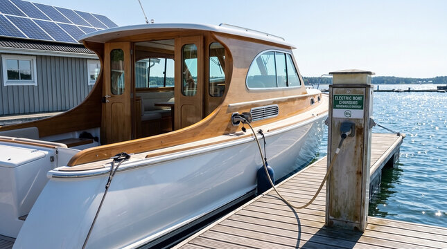 Electric Boat at Charging Dock with Solar Panels for Sustainable Travel Blogs, Eco-Friendly Websites, the Concept of Marine Electrification, Green Technology Articles, and Maritime Tourism