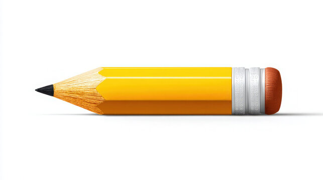 Sharp yellow pencil resting horizontally against a plain white background with realistic graphite lead tip details
