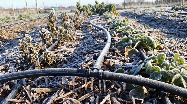 Frozen Drip Irrigation Pipe with Icicles for Agricultural Blogs, Farming Websites, the Concept of Winter Crop Protection, Climate Awareness Articles, and Weather News