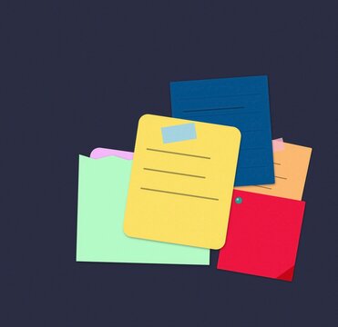 Colorful sticky notes and paper documents organized in a messy pile for office work and business reminders on a dark background