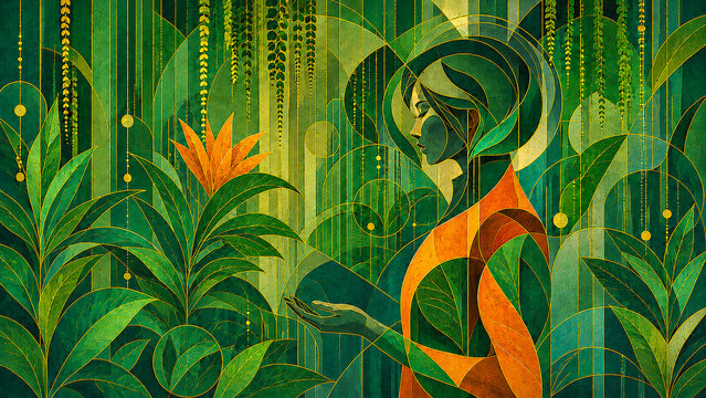 Elegant woman meditating in an abstract tropical garden in shades of green and gold.