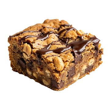 Ein k&ouml;stliches, quadratisches St&uuml;ck Erdnussbutter-Blondie mit dunklen Schokoladenst&uuml;ckchen und einem feinen Schokoladenguss, isoliert auf einem wei&szlig;en Hintergrund f&uuml;r die Lebensmittelwerbung.
