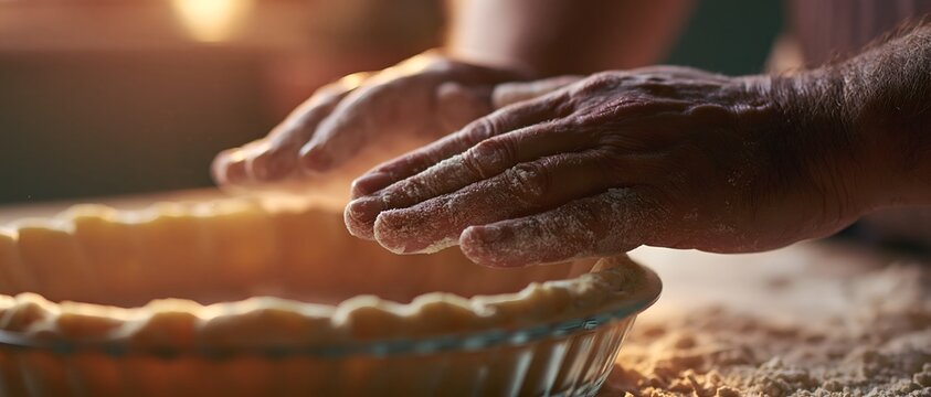Close-up of hands shaping pie crust in metal pan