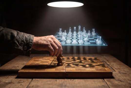 Hand moving wooden chess knight with holographic projection of chess position above board, strategy planning and thinking ahead concept