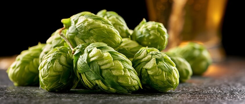 Close-up of vibrant green hop cones beside beer glass