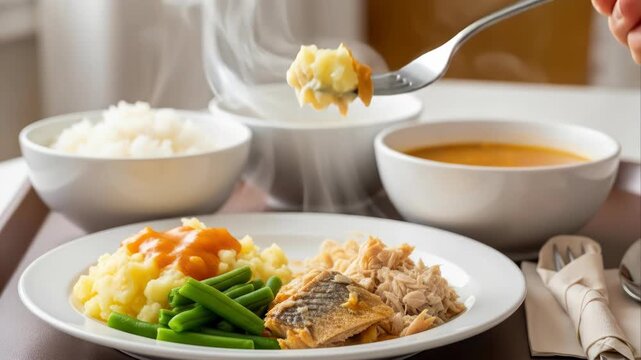 Close Up of Steaming Hot Hospital Meal on Tray