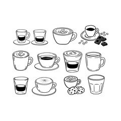 Fototapeta premium Coffee cups and mugs varieties doodle set, line art cafe menu elements 