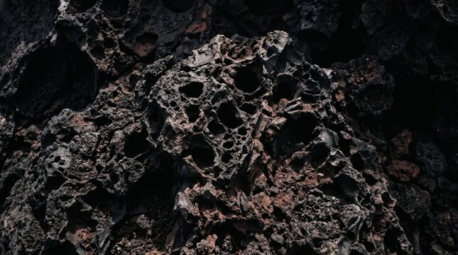 Close up texture of porous volcanic basalt rock formation.