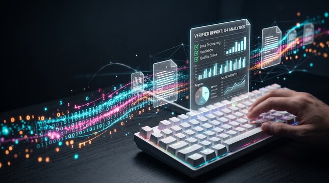 Data analytics dashboard hologram with hands typing on glowing keyboard for futuristic business technology reports