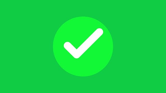 White checkmark appearing inside a vibrant green circle on a solid green background in this smooth digital motion animation clip