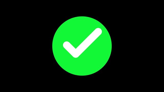 Green checkmark animation symbol appears on black background for digital user interface confirmation design in this motion graphics video footage