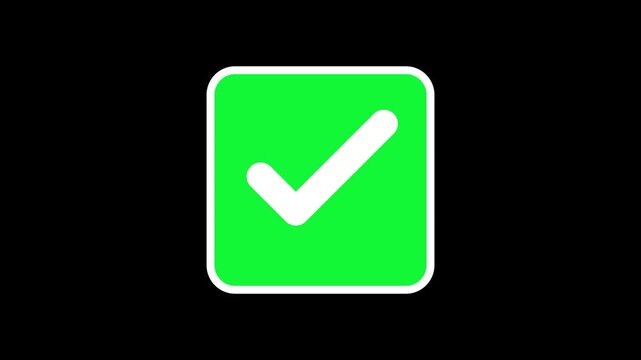 Green square button with white checkmark appearing for successful task completion animation in this smooth minimal digital motion video clip