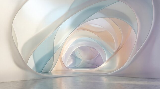 Abstract futuristic architectural tunnel with soft pastel light and fluid organic shapes.