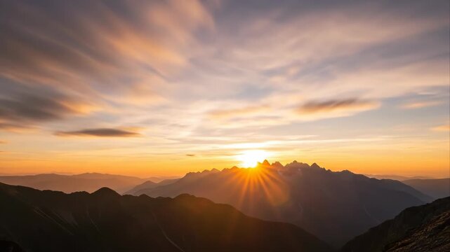 Sunrise Over Mountain Range with Moving Clouds