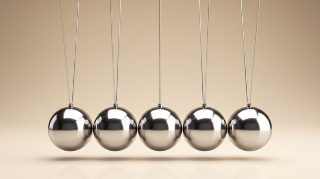 Newton's cradle pendulum balls at rest on beige background for physics and balance concept