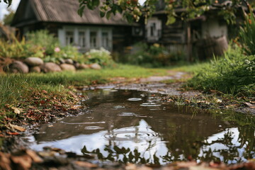 Fototapeta premium A calm farm lane holds rain in a soft pool near a wood home, with green grass, trees, shade, warm light, and a quiet rural view after a warm rain now.