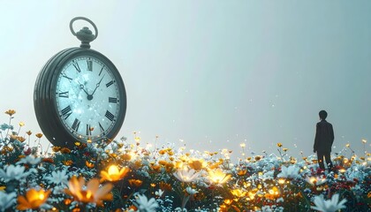 Fototapeta premium Surreal Dreamscape with a Giant Vintage Pocket Watch in a Field of Glowing Flowers and a Lone Silhouette Under a Misty Sky with Copy Space