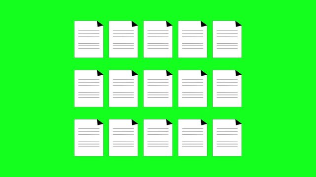 Animated of digital document icons on a bright green background, symbolizing data organization, file management, and efficient information storage solutions