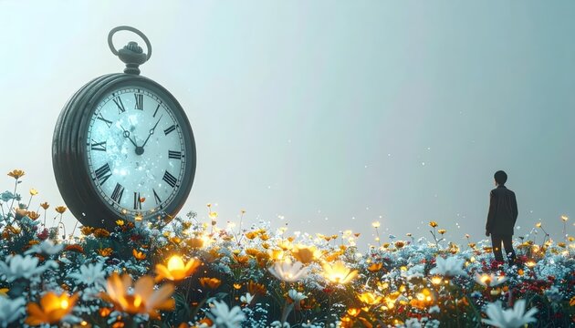 Surreal Dreamscape with a Giant Vintage Pocket Watch in a Field of Glowing Flowers and a Lone Silhouette Under a Misty Sky with Copy Space