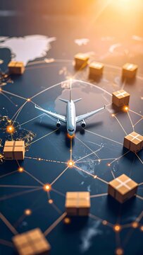 Global air cargo transportation network concept with airplane and boxes