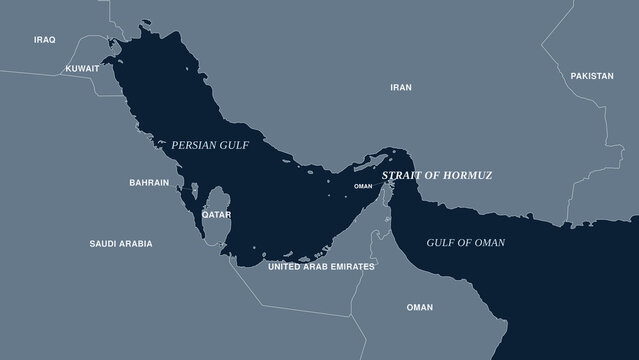 Political and geographical map with the Strait of Hormuz, Persian Gulf, Gulf of Oman, and Middle Eastern countries: Iran, Iraq, Kuwait, Saudi Arabia, Qatar, Bahrain, UAE, Oman, and Pakistan.
