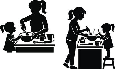 Fototapeta premium Mother and daughter cooking together in a simple black and white silhouette