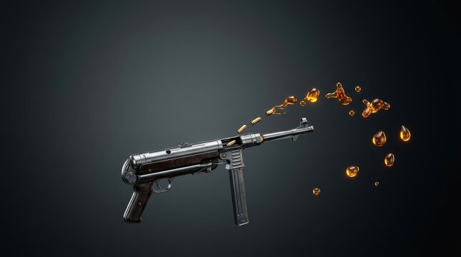 Surreal photography of a vintage submachine gun with golden liquid droplets and brass casings ejecting into an arc on a dark background conceptual art