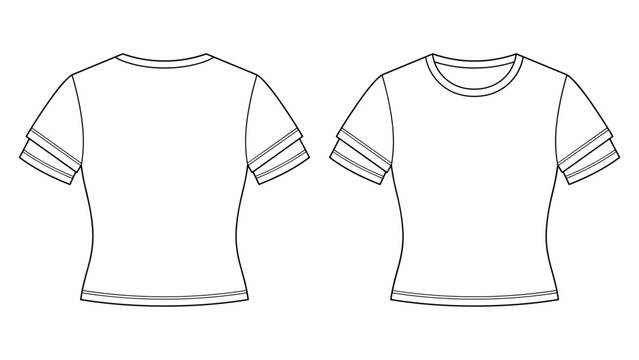 Vector double sleeve layered t-shirt front and back view. Mock up template technical fashion flat sketch