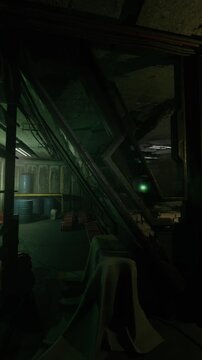 narrow corridor with covered machinery and dusty cloth under green ambient light shutdown preservation scene with mothballed systems and protective tarps left