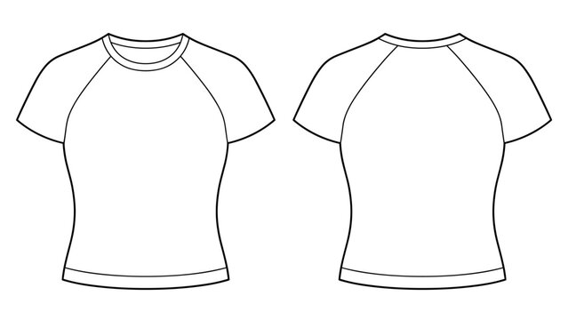 Vector female essential short raglan sleeve tee front and back view. Mock up template