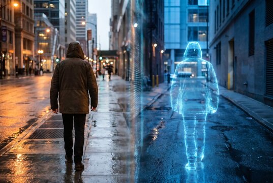 Person walking in city street beside their glowing digital pixelated twin, digital identity and physical versus virtual self concept