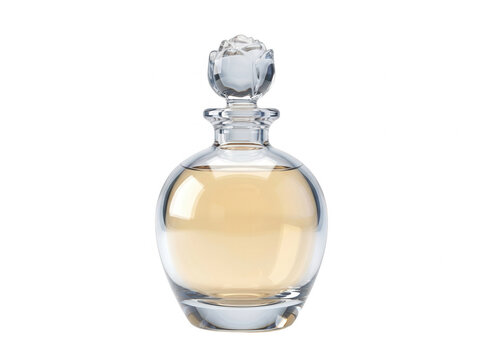 Eine elegante, runde Parf&uuml;mflasche aus klarem Glas mit einem dekorativen bl&uuml;tenf&ouml;rmigen Verschluss, gef&uuml;llt mit einer goldenen Duftessenz, isoliert vor einem wei&szlig;en Hintergrund.