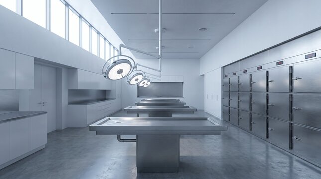 Cold clinical CGI of a contemporary forensic pathology lab &mdash; four stainless steel autopsy tables under dormant surgical lights, north-facing clerestory daylight flooding the all-white space.