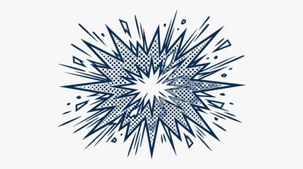 Fototapeta premium Comic book style explosion burst with halftone dot pattern and sharp radial rays isolated on a white background. Blue and white retro pop art starburst design for design elements.