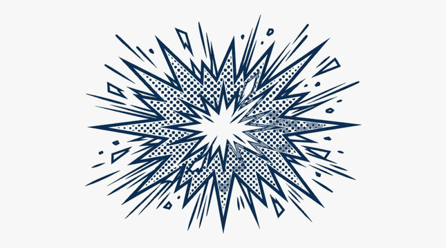 Comic book style explosion burst with halftone dot pattern and sharp radial rays isolated on a white background. Blue and white retro pop art starburst design for design elements.