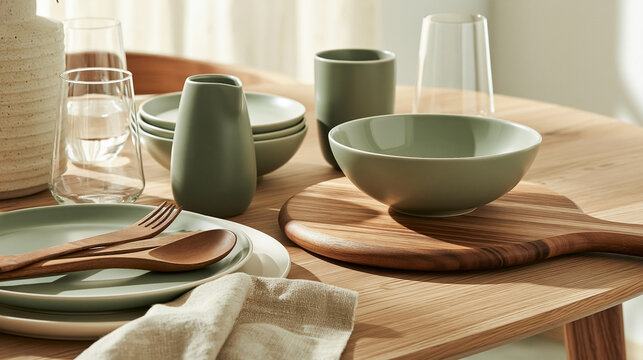 Modern green ceramic kitchenware and wooden cutlery arranged on a light wood table, emphasizing minimalist design and natural materials