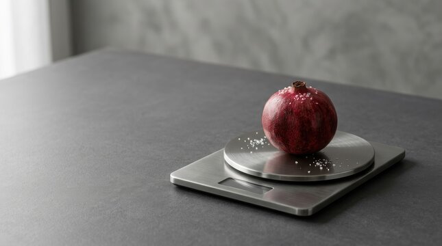 Conceptual still life of a red pomegranate on a digital scale, a storytelling narrative about weight, precision, and value in a minimalist kitchen setting.
