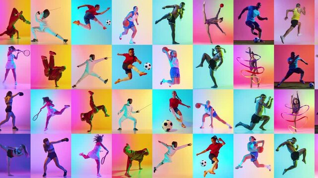 Dense stop motion grid of colorful athletes shifts into repeating sports pattern. Concept of fitness media, active lifestyle, sports branding and event promotion.