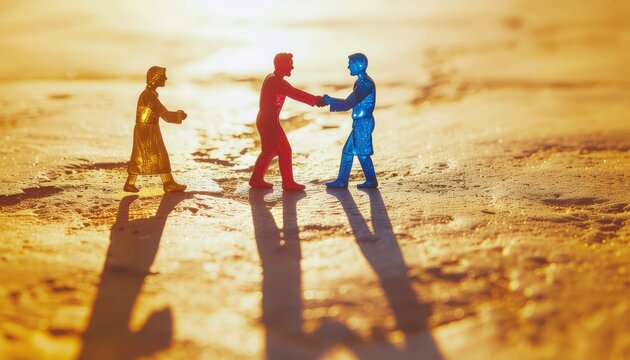 Symbolic figures depicting teamwork, agreement, and leadership in vibrant colors