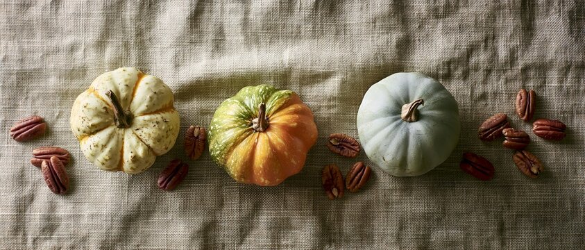 Three ornamental pumpkins on textured fabric with scattered pecans