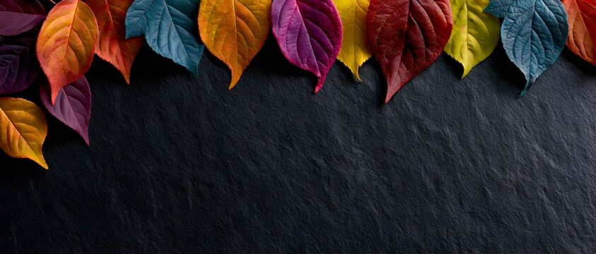 Vibrant fall foliage arranged along top edge on black stone surface