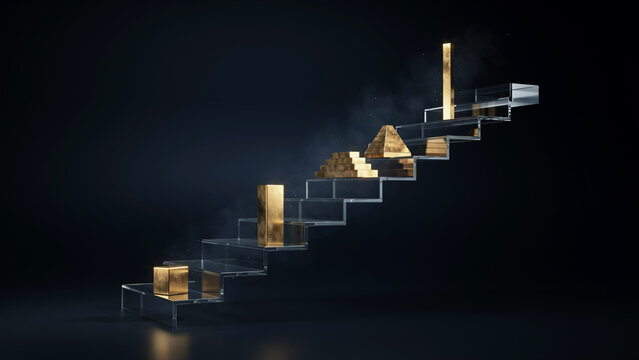 Ascending golden bars arranged on transparent staircase steps against transparent background